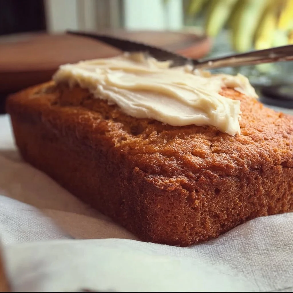 Slice of gluten free banana cake topped with fresh bananas and nuts