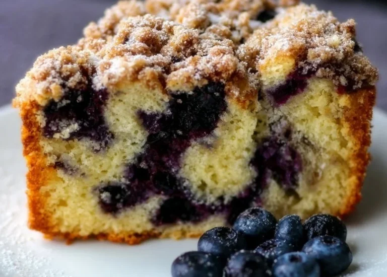 Gluten-free blueberry coffee cake slice on a plate with fresh blueberries