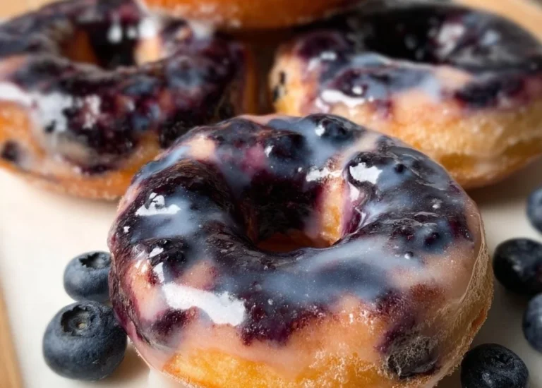 Gluten-free blueberry glazed donuts on a plate, drizzled with sweet glaze