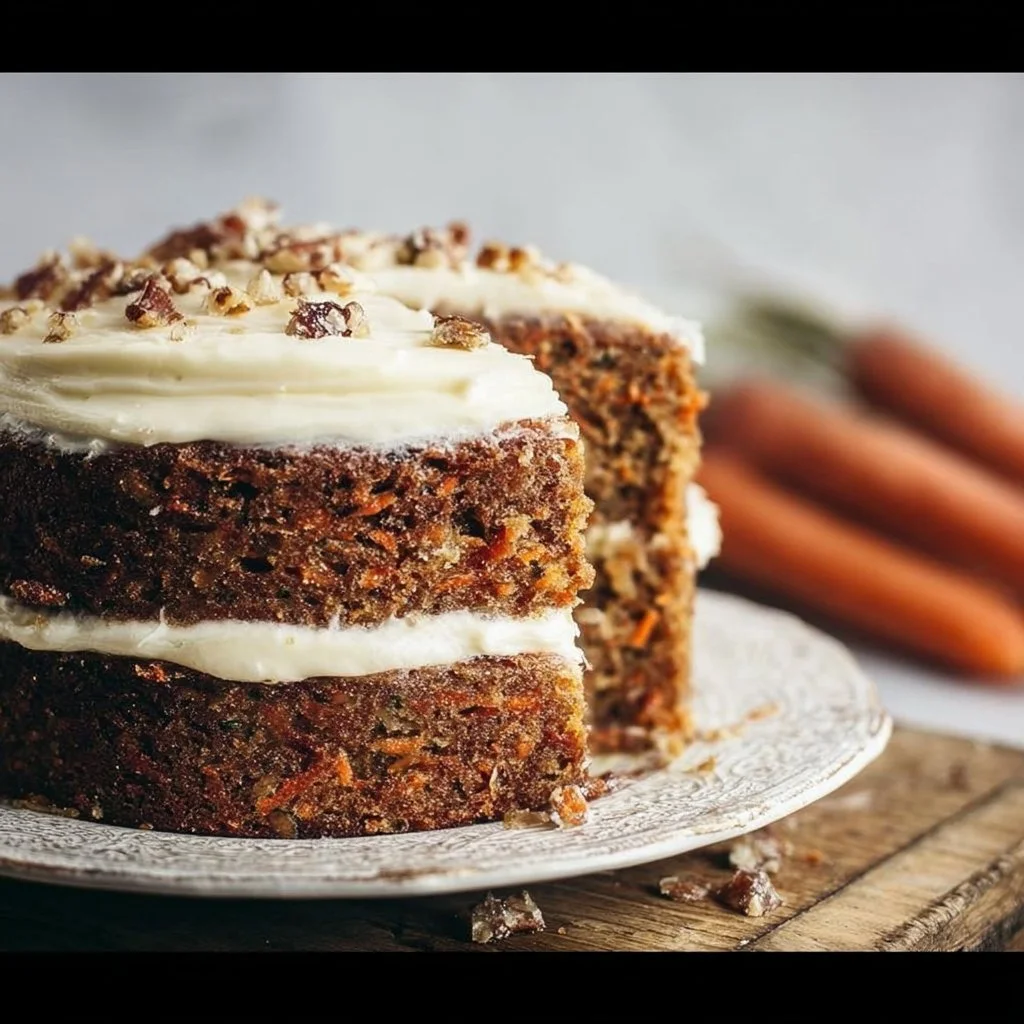 Gluten-free carrot cake topped with cream cheese frosting and walnuts