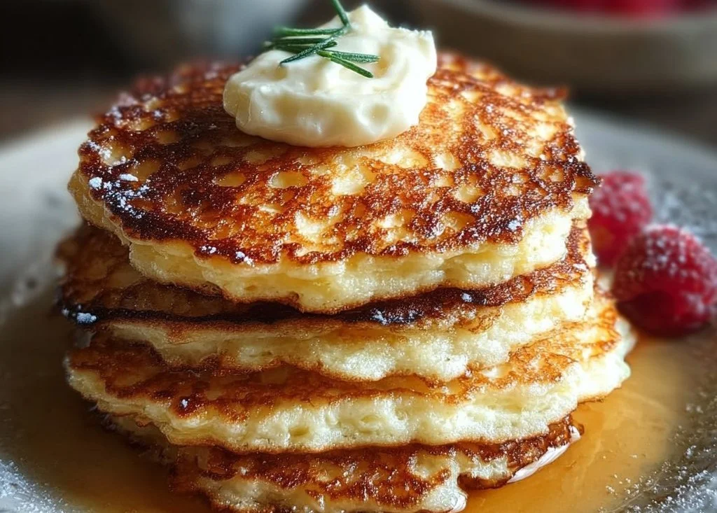 Fluffy gluten-free cottage cheese pancakes served with fresh fruit