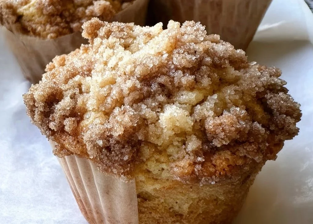 Freshly baked gluten-free crumb cake muffins displayed on a wooden table.