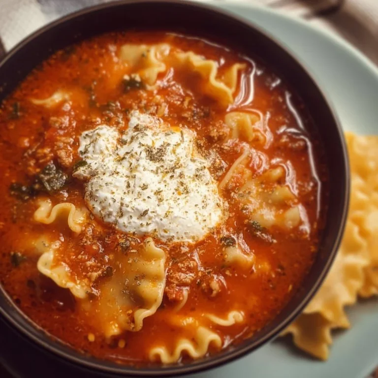 Bowl of gluten free lasagna soup topped with herbs and cheese