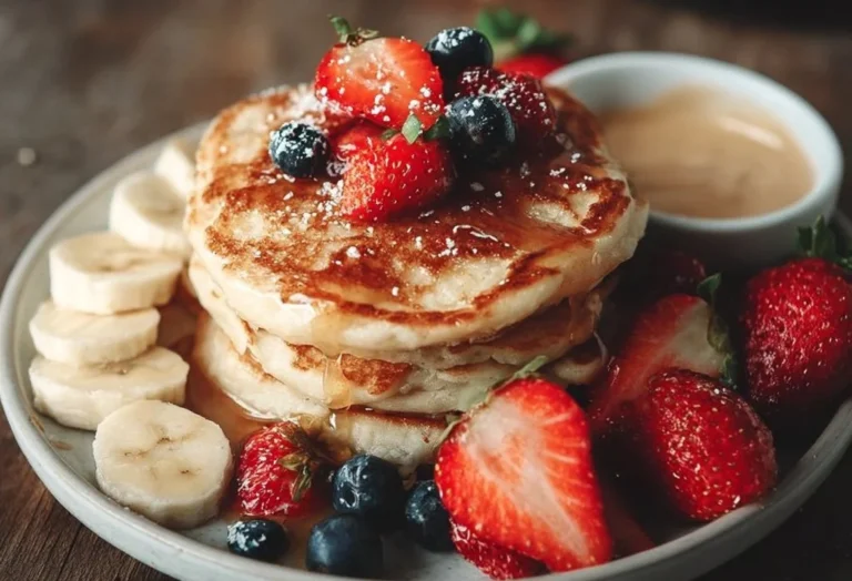 Fluffy gluten free pancakes stacked on a plate with maple syrup