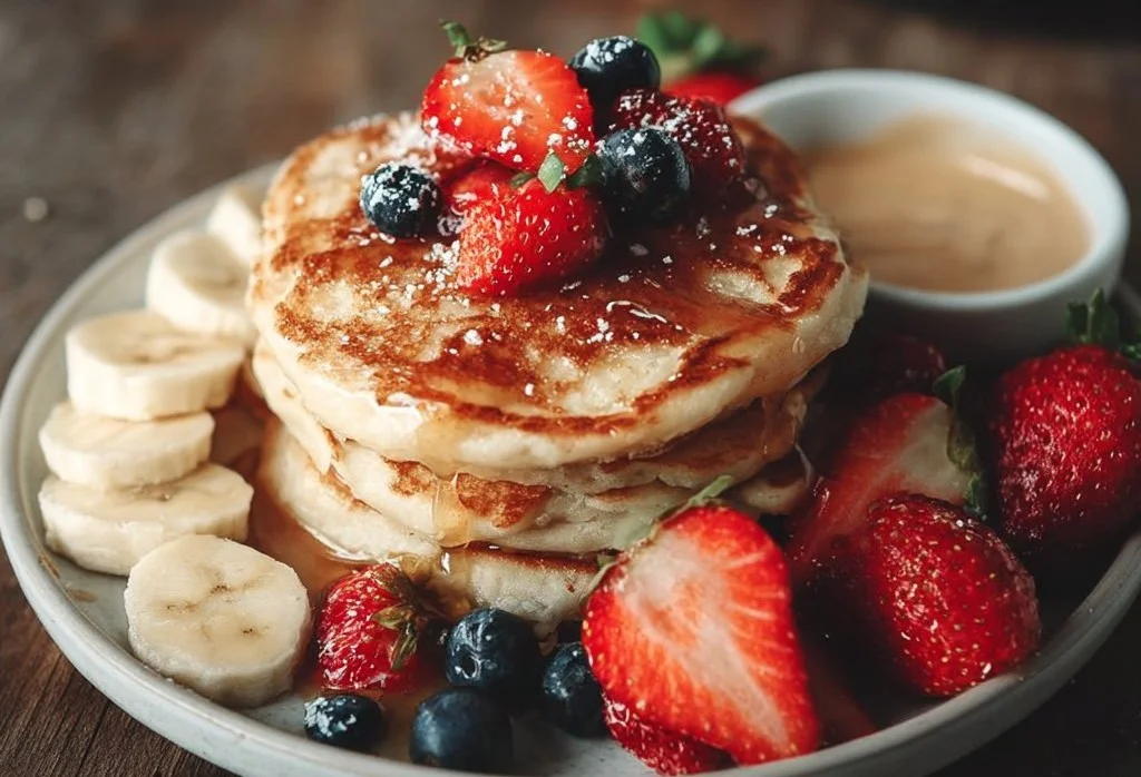 Fluffy gluten free pancakes stacked on a plate with maple syrup