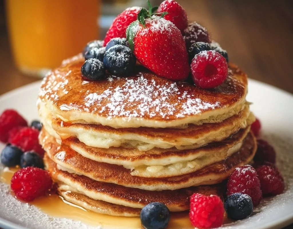 Plate of fluffy gluten-free pancakes topped with fresh berries and syrup