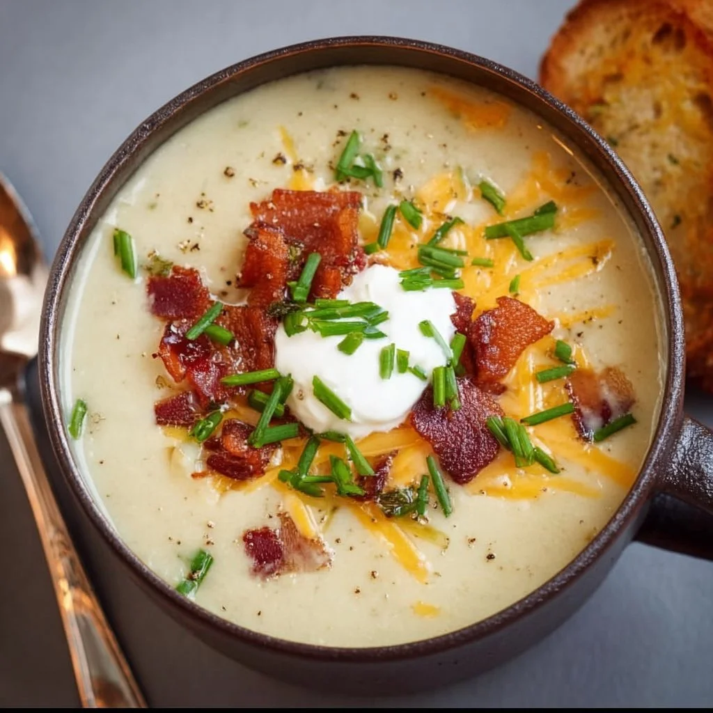 Bowl of creamy gluten-free potato soup topped with fresh herbs
