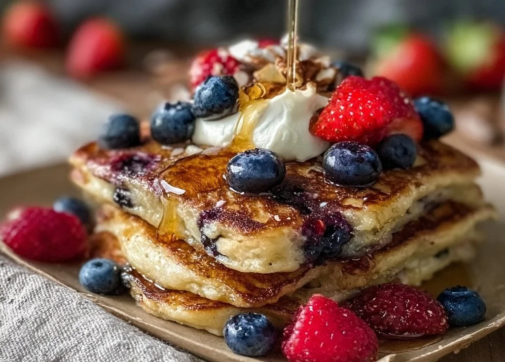 Delicious gluten-free sheet pan pancakes cooked on a large baking sheet.