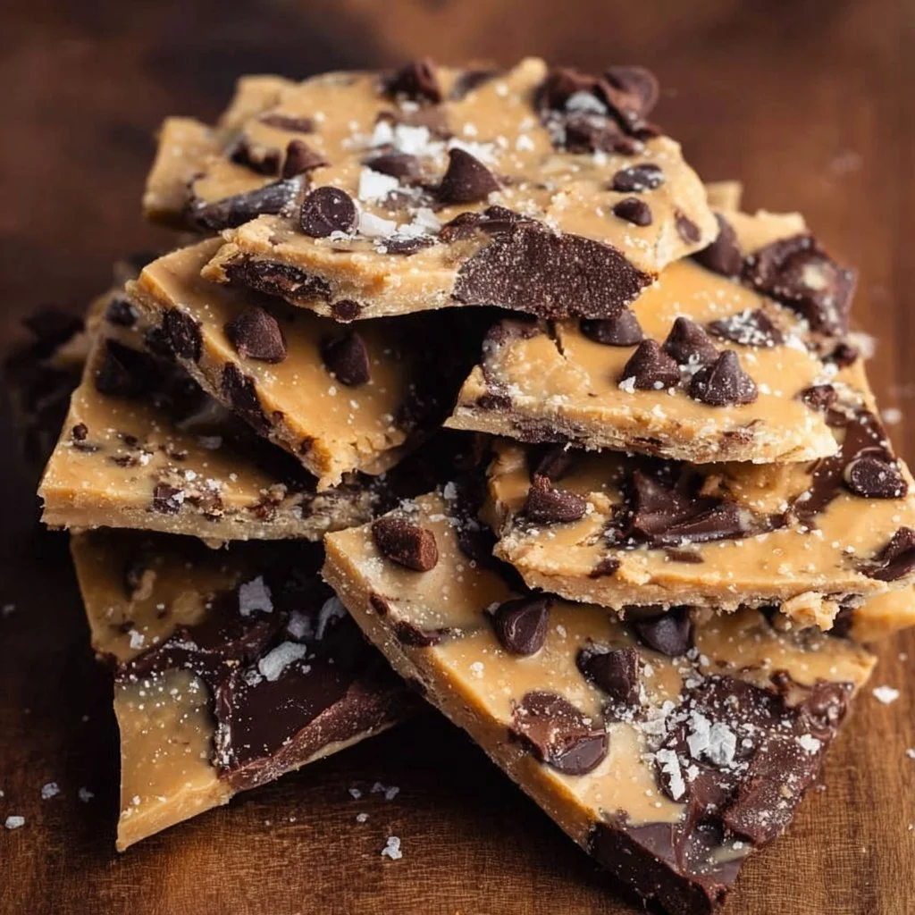 Healthy cookie dough bark topped with nuts and chocolate on a wooden board.