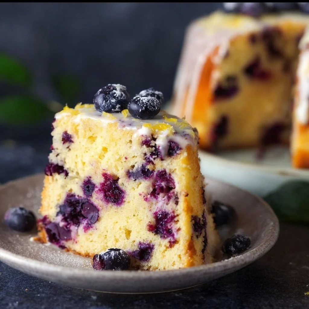 Healthy lemon blueberry cake with fresh fruit and a light glaze