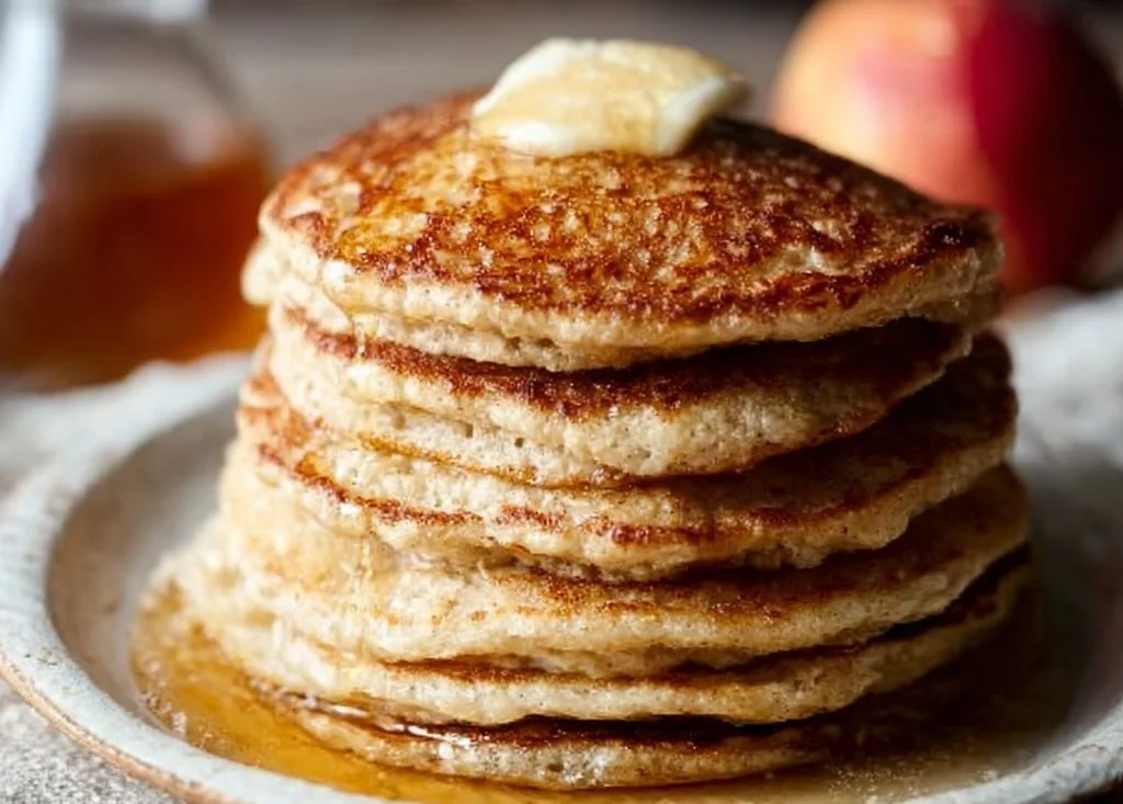 Delicious healthy oatmeal apple pancakes stacked on a plate with maple syrup