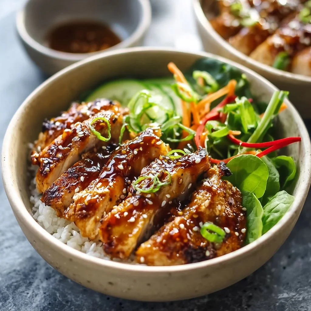 Healthy sticky chicken bowls with vibrant vegetables and grains