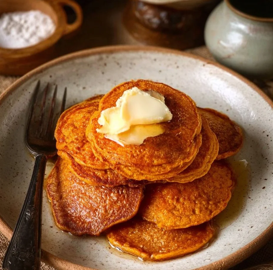 Healthy sweet potato pancakes stacked on a plate with syrup and berries.