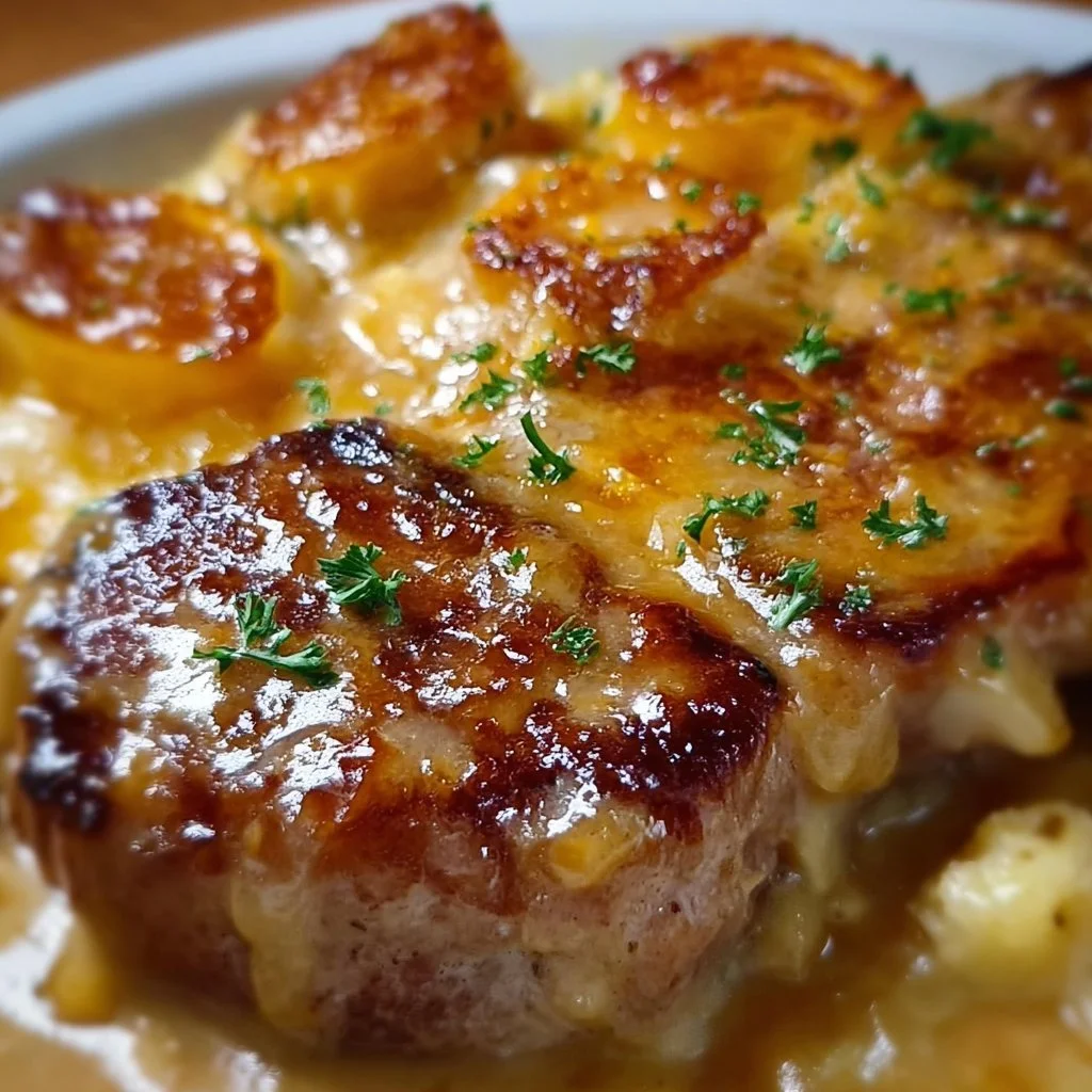 Indulgent smothered pork chop served with scalloped potato casserole.