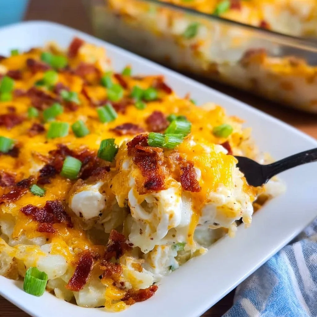 Delicious loaded baked potato casserole topped with cheese and bacon.