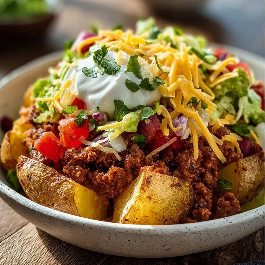 Loaded Potato Taco Bowl with toppings and fresh ingredients