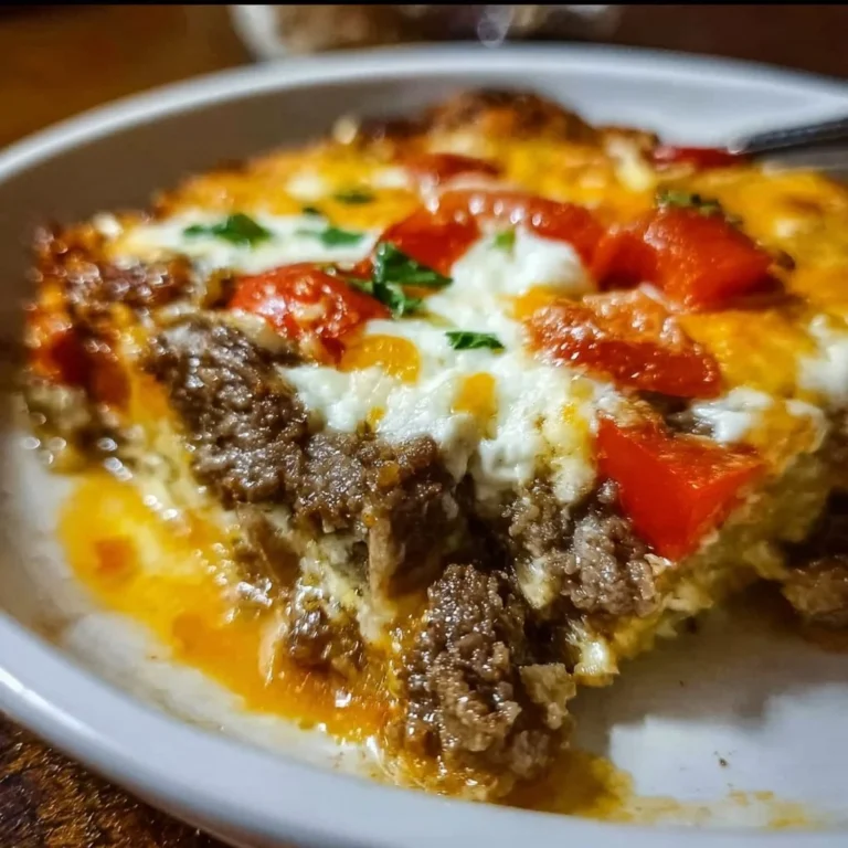 Low Carb Philly Cheesesteak Casserole topped with melted cheese and bell peppers