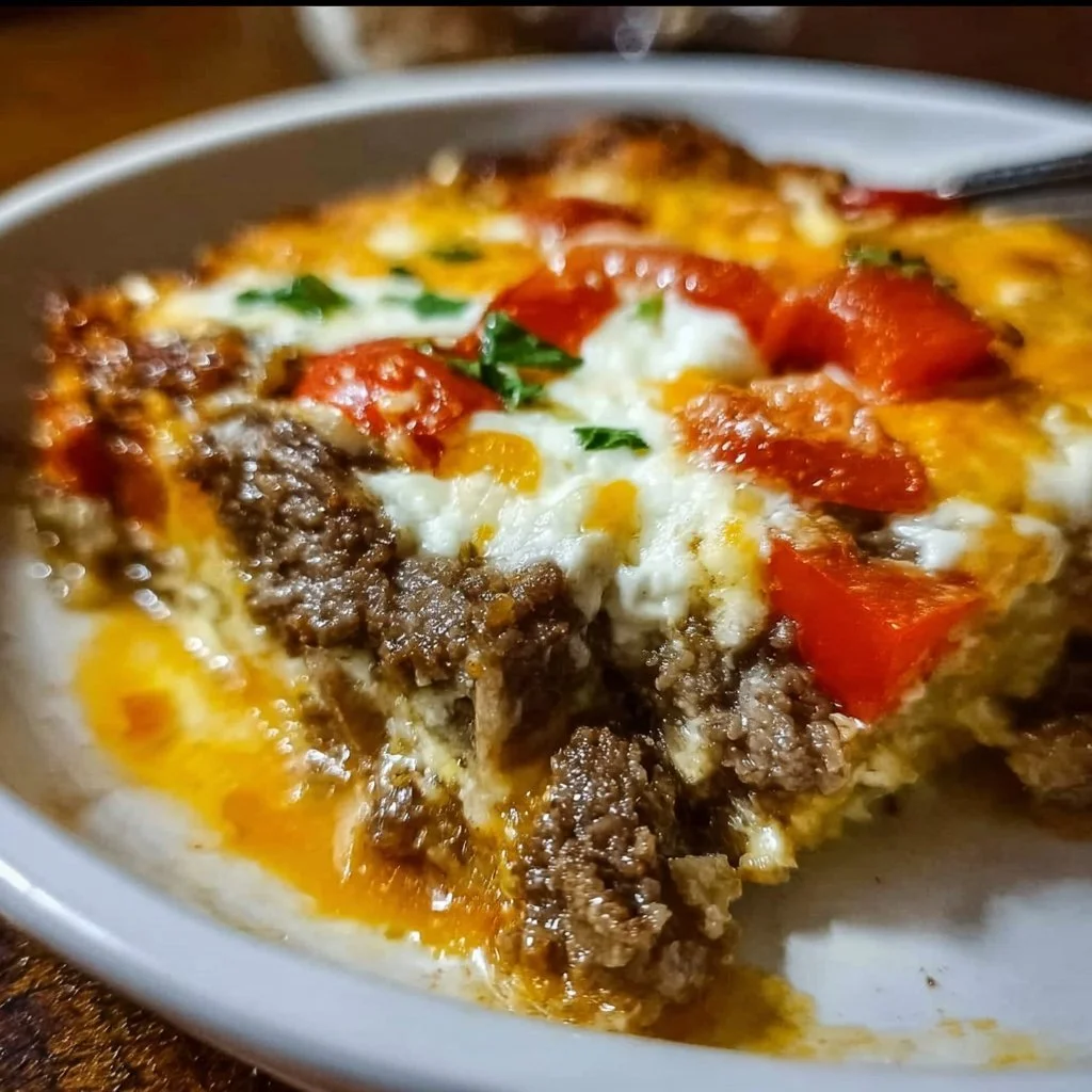 Low Carb Philly Cheesesteak Casserole topped with melted cheese and bell peppers