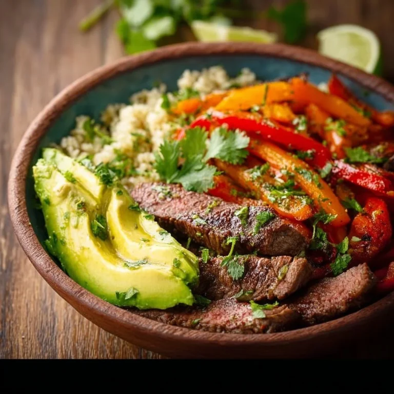 Low carb steak fajita bowl with fresh vegetables and steak slices