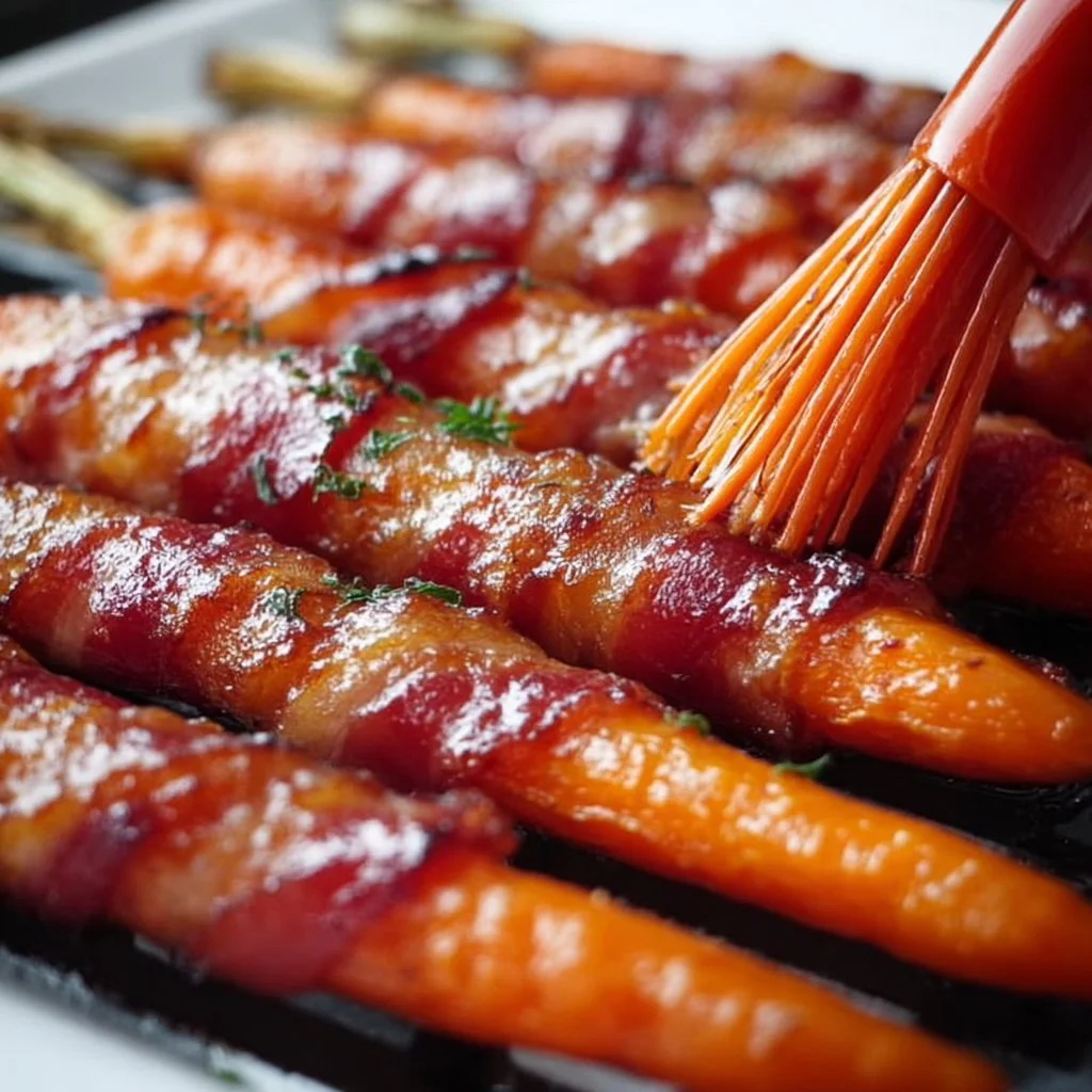 Plate of delicious maple bacon carrots garnished with herbs