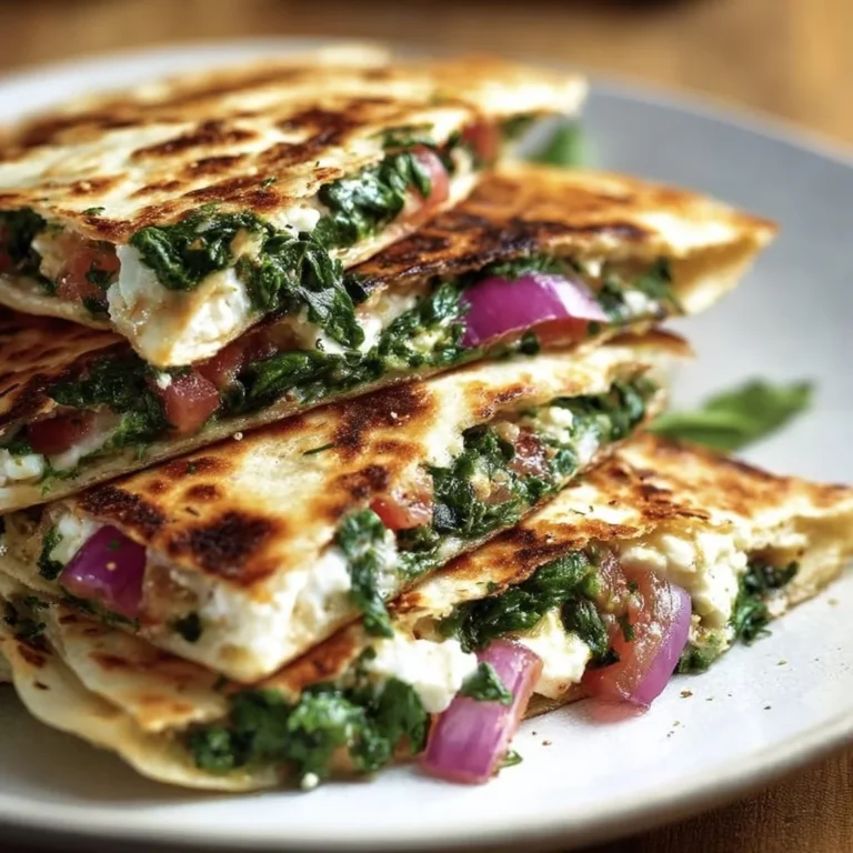 Mediterranean Quesadillas with spinach, feta, mozzarella, and red onion on a plate