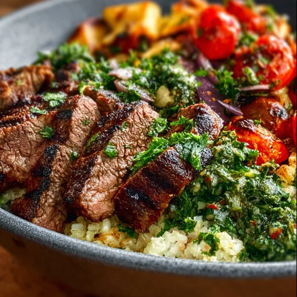 Mediterranean steak bowl with fresh veggies and flavorful seasoning