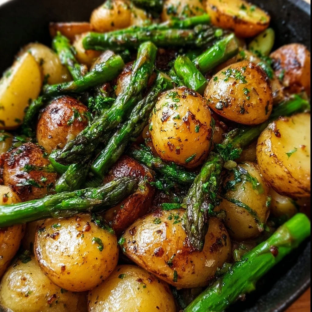 One-pan garlic potatoes and asparagus dish ready to serve.