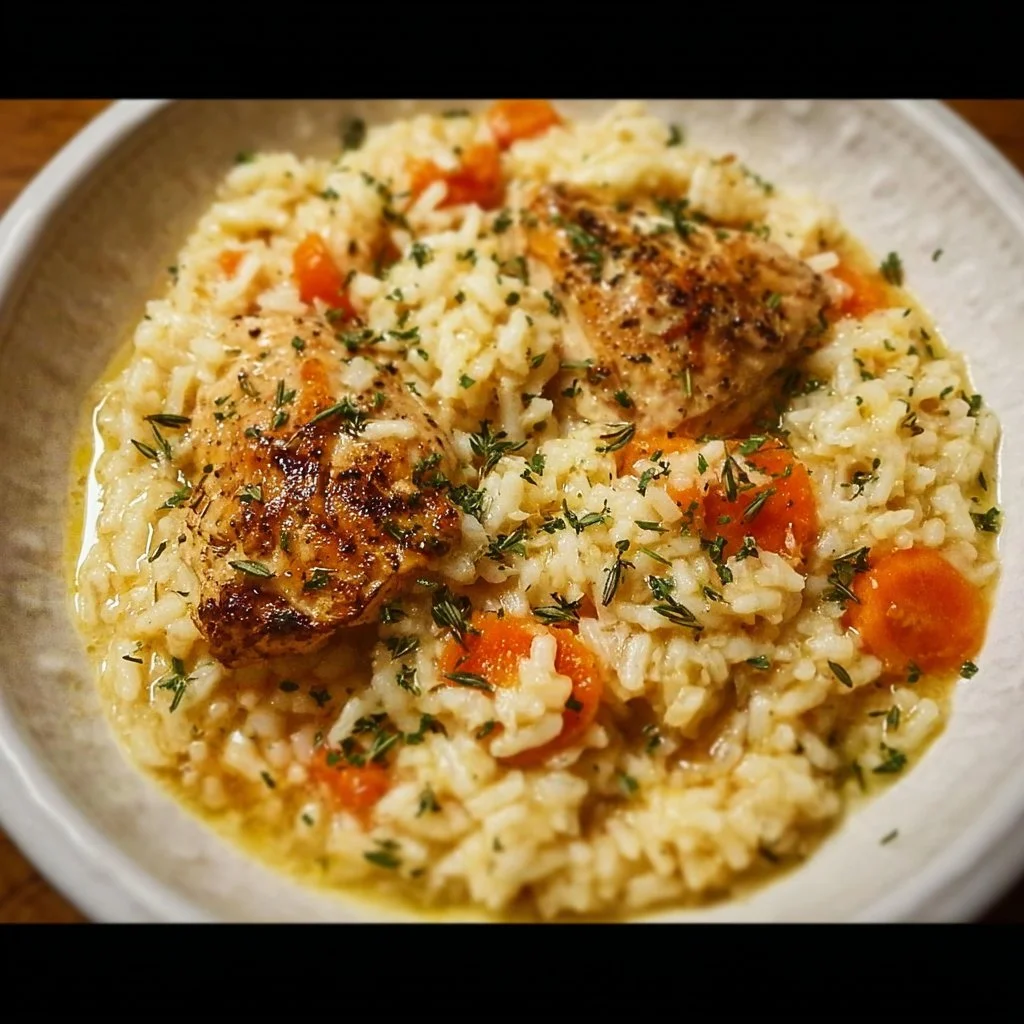 Delicious One-Pot Chicken & Rice served on a plate with herbs and spices.