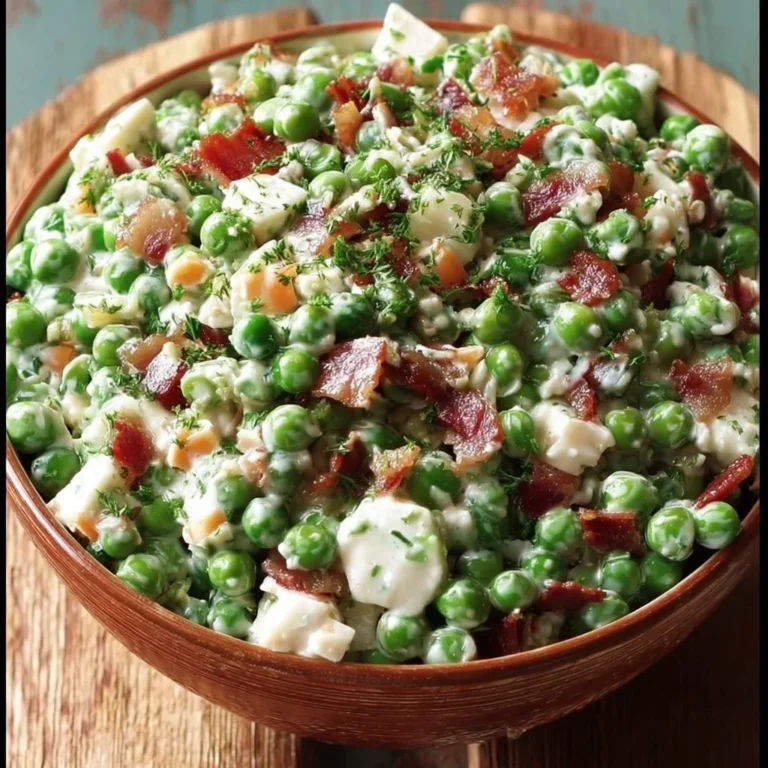 Paula Deen's delicious green pea salad served in a bowl with fresh ingredients.