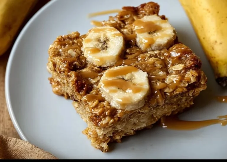 Peanut Butter Banana Baked Oatmeal in a dish, showcasing its creamy texture and vibrant colors.