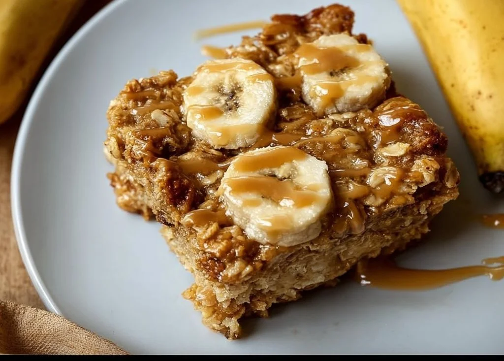 Peanut Butter Banana Baked Oatmeal in a dish, showcasing its creamy texture and vibrant colors.
