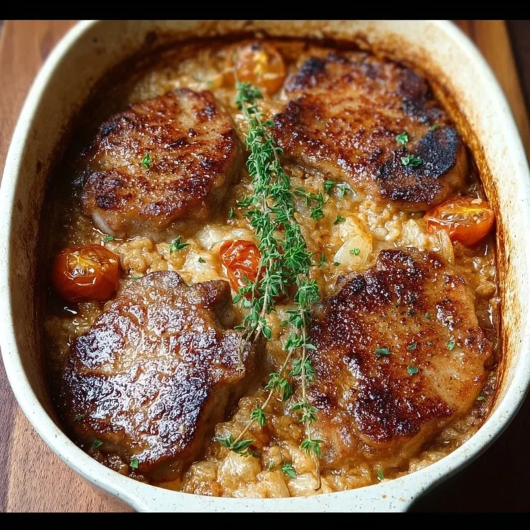 Delicious Pork Chop Casserole topped with breadcrumbs and served in a baking dish