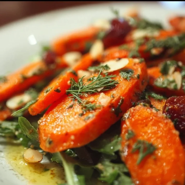 Roasted carrot salad with fresh greens and a light vinaigrette dressing.
