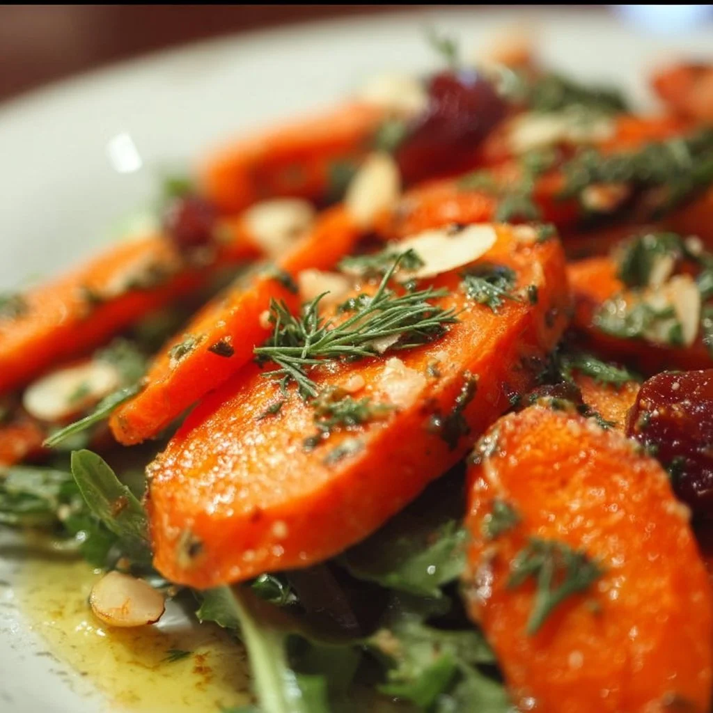Roasted carrot salad with fresh greens and a light vinaigrette dressing.