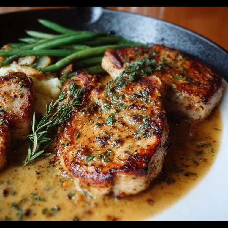 Savory pan-seared boneless pork chops on a plate with herbs and spices
