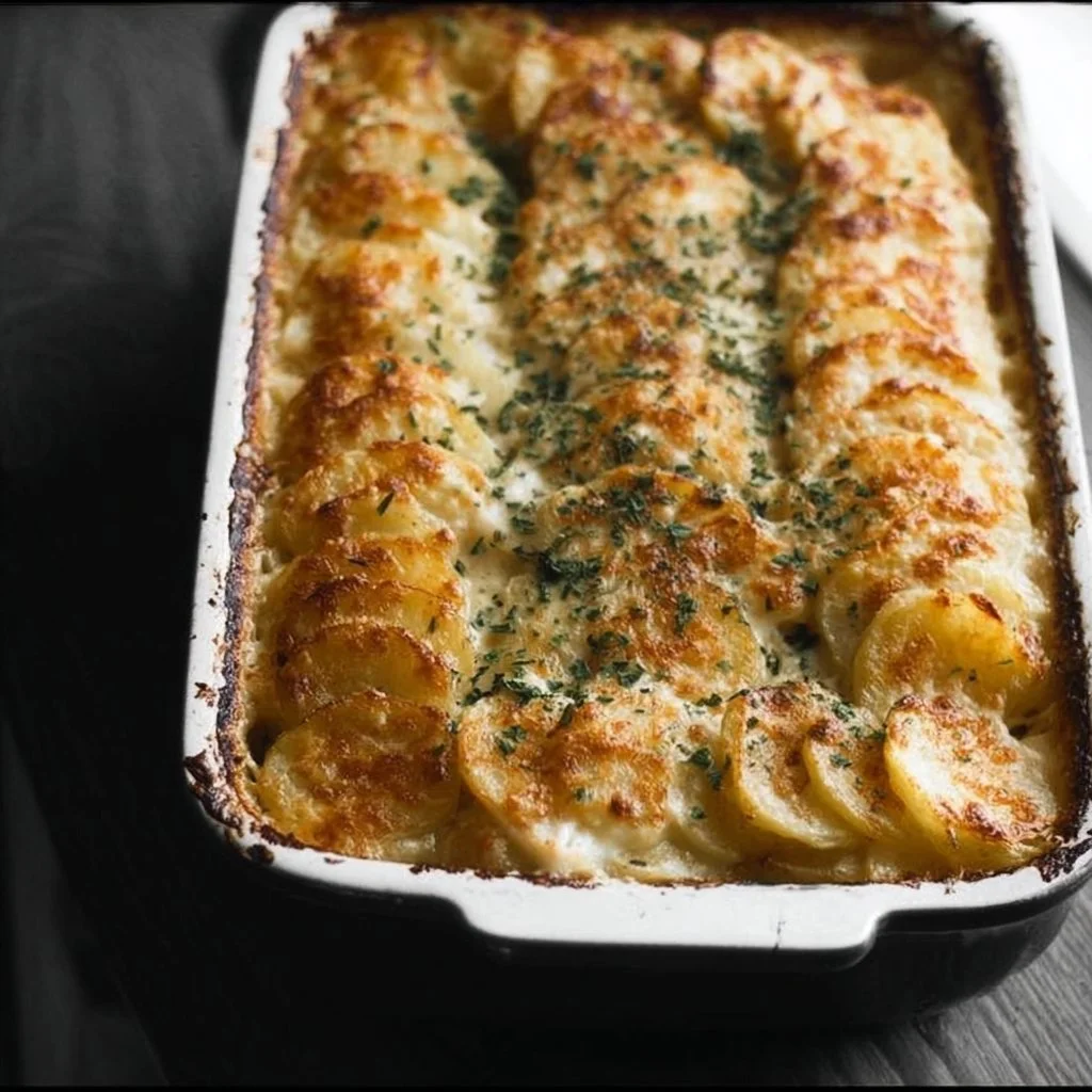 Creamy scalloped potatoes baked to perfection