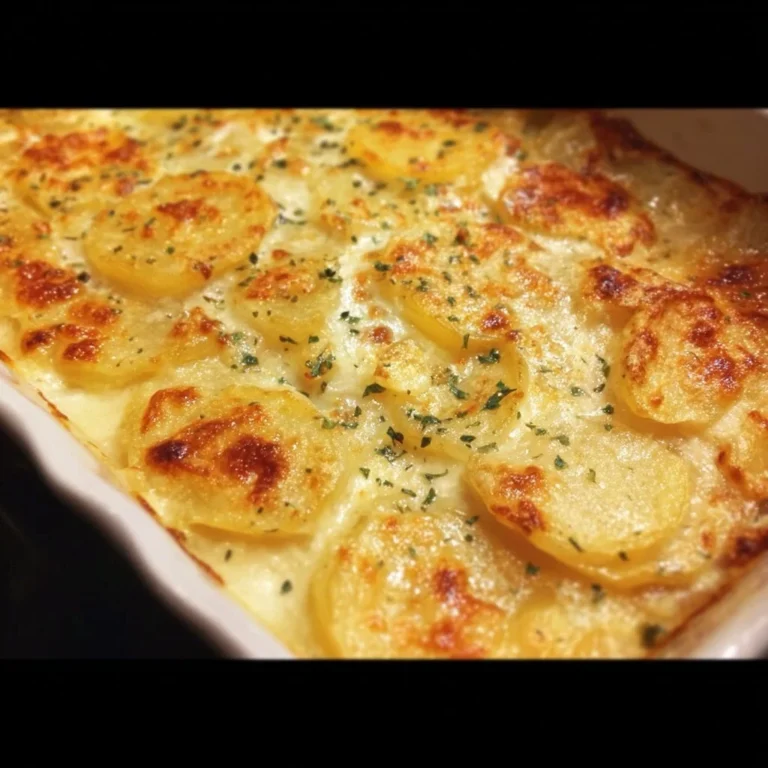 Delicious plate of scalloped potatoes with creamy cheese and herbs