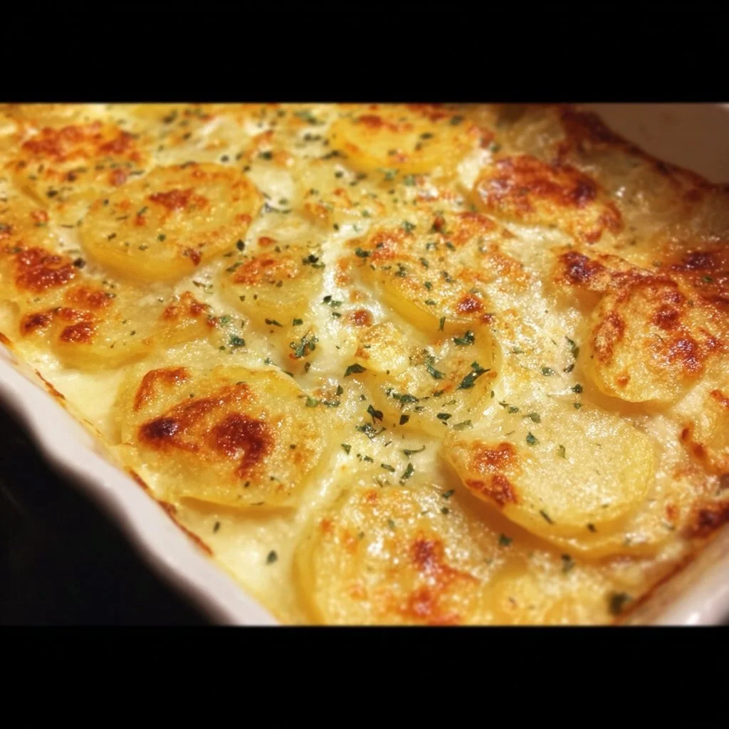 Delicious plate of scalloped potatoes with creamy cheese and herbs