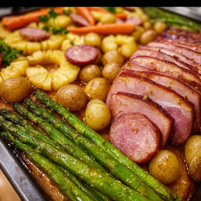 Delicious Sheet Pan Pineapple Ham served with colorful veggies