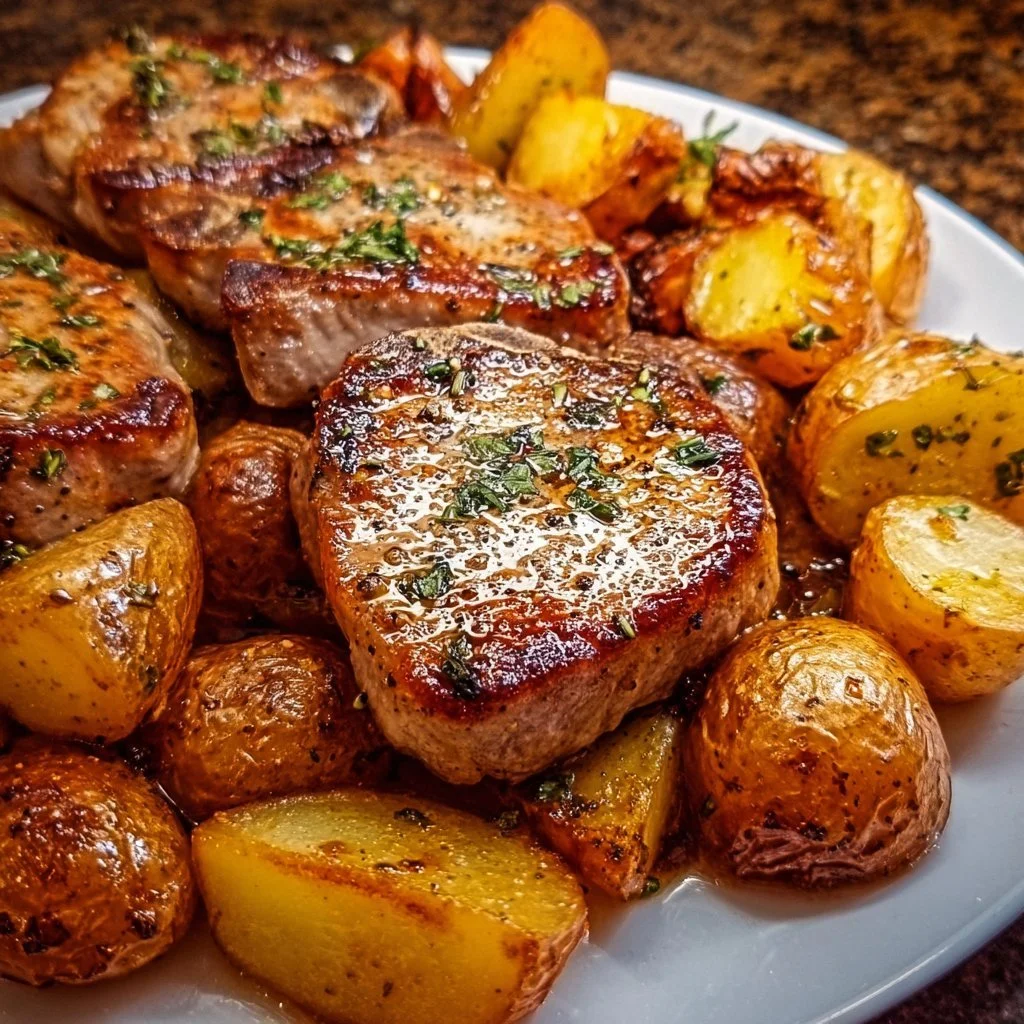 Sheet pan meal featuring seasoned pork chops and roasted potatoes