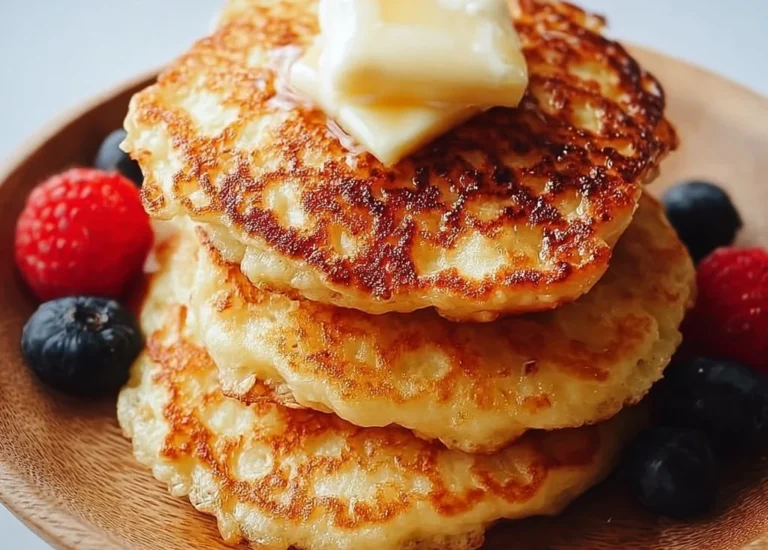 Plate of simple gluten-free cottage cheese pancakes topped with fresh fruit