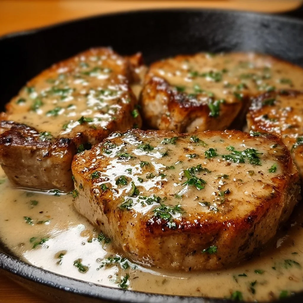 Delicious smothered boneless pork chops served on a plate with gravy