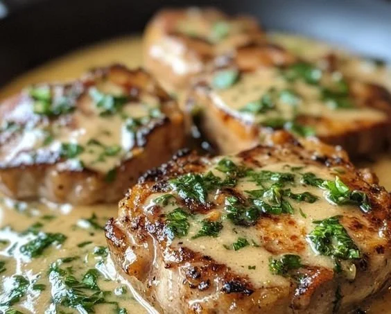 Delicious smothered boneless pork chops in creamy garlic sauce on a plate