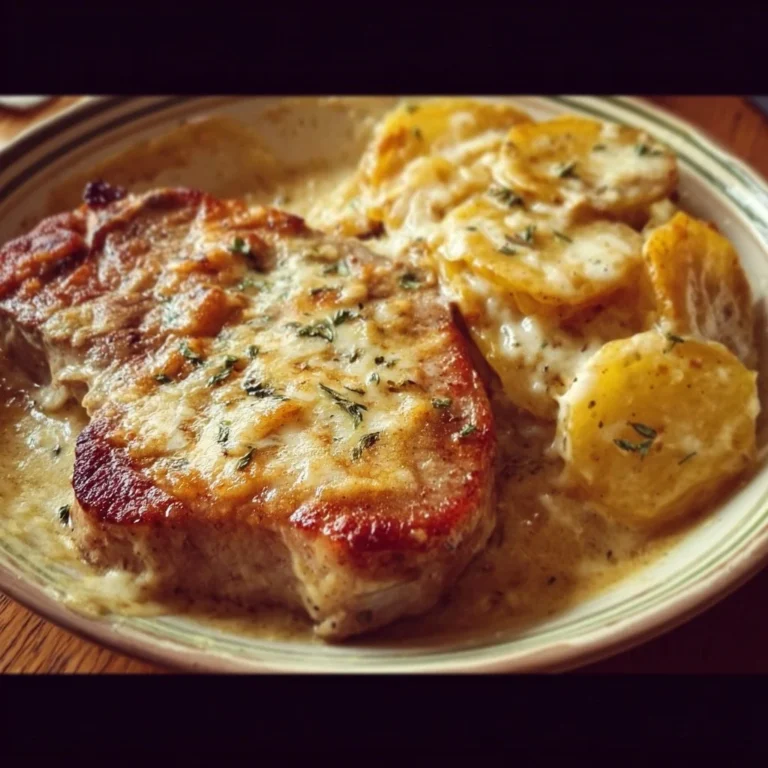 Delicious smothered pork chop with scalloped potato casserole on a plate