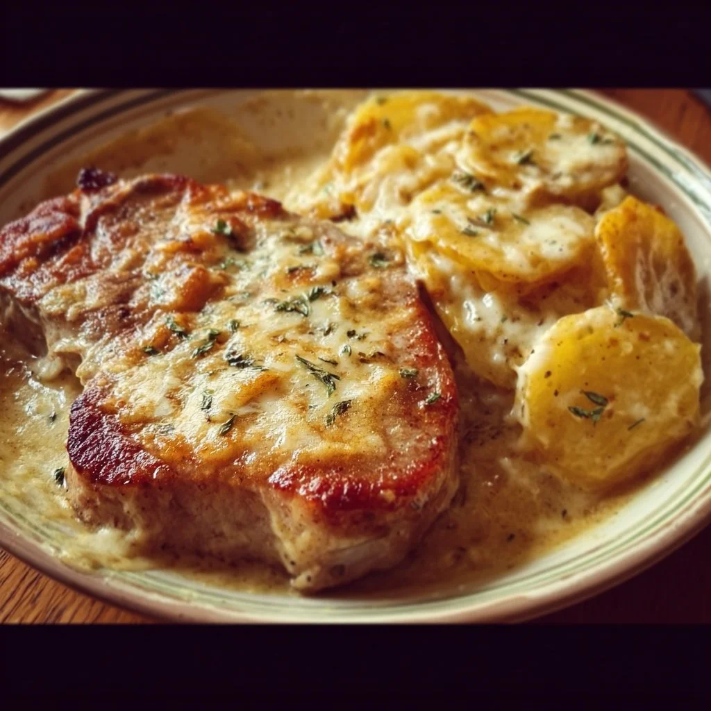 Delicious smothered pork chop with scalloped potato casserole on a plate