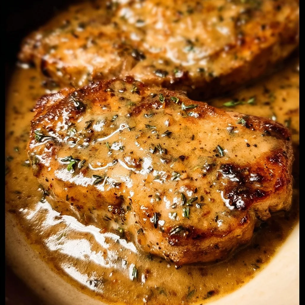 Plate of smothered pork chops with rich gravy and side vegetables