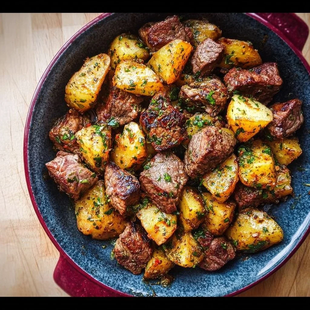 Savory steak bites served with roasted potatoes on a plate