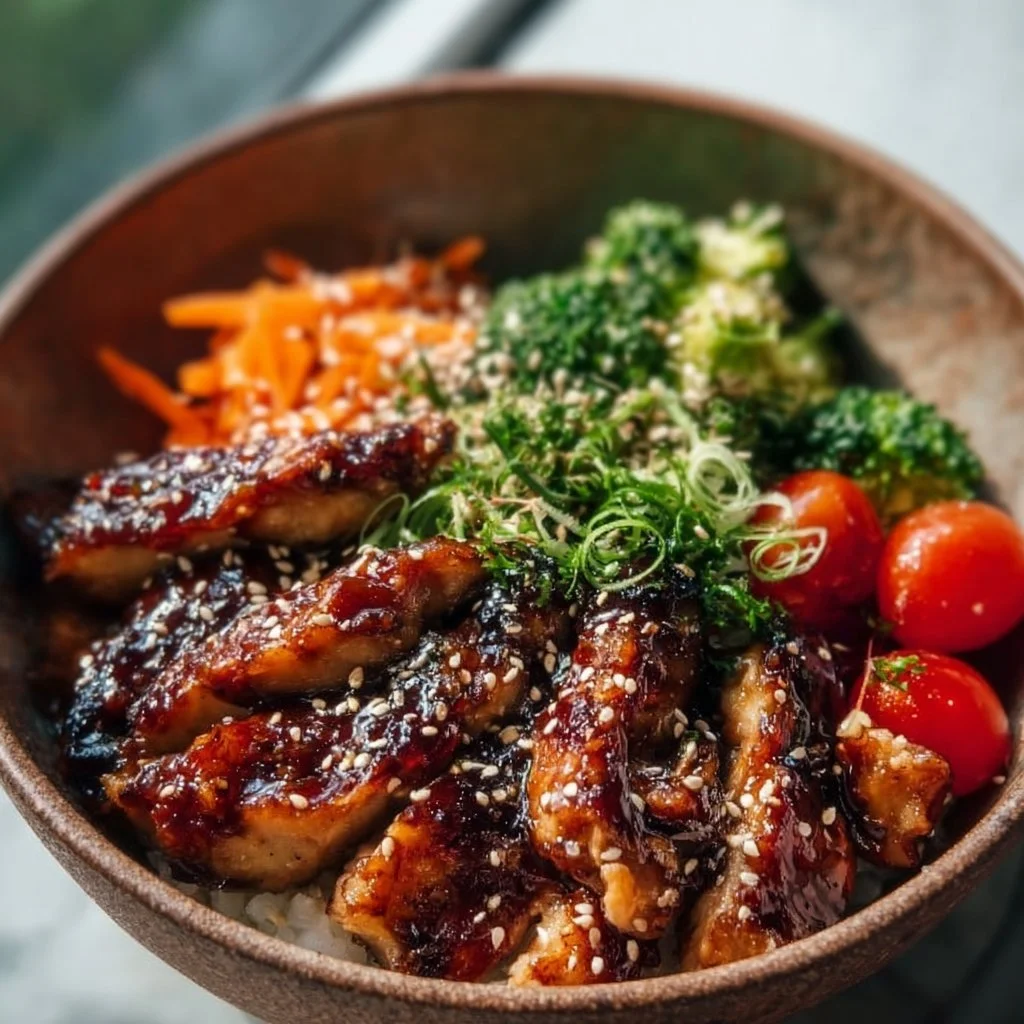 Delicious Sticky Chicken Bowl with fresh vegetables and rice