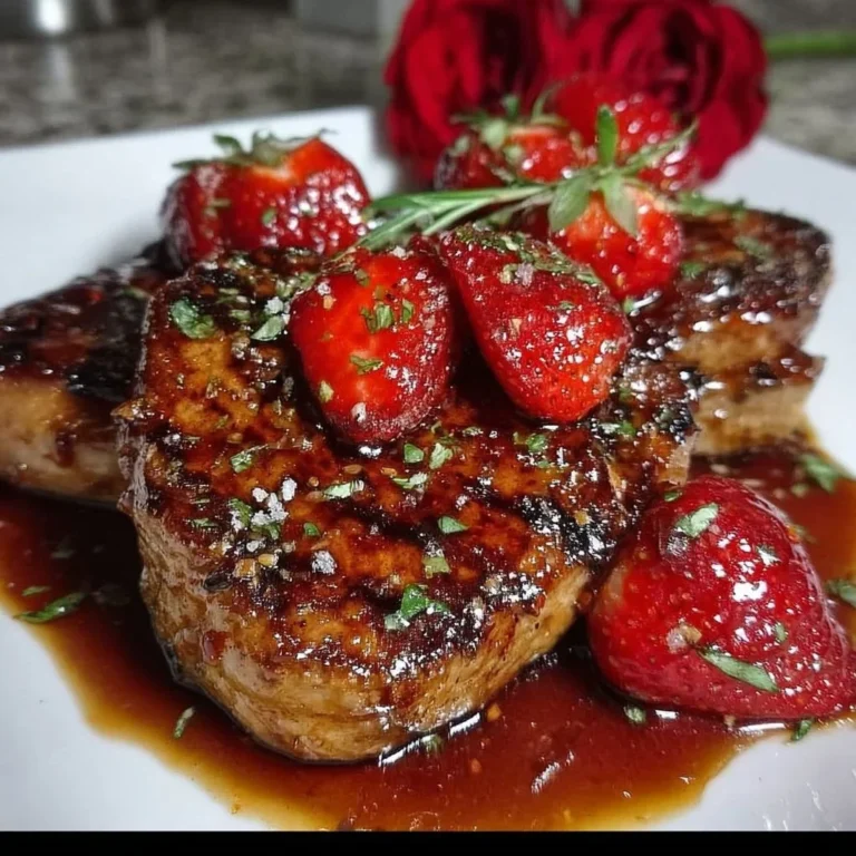 Juicy pork chops glazed with strawberry balsamic sauce, garnished with fresh strawberries