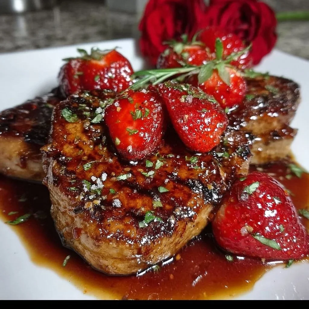 Juicy pork chops glazed with strawberry balsamic sauce, garnished with fresh strawberries